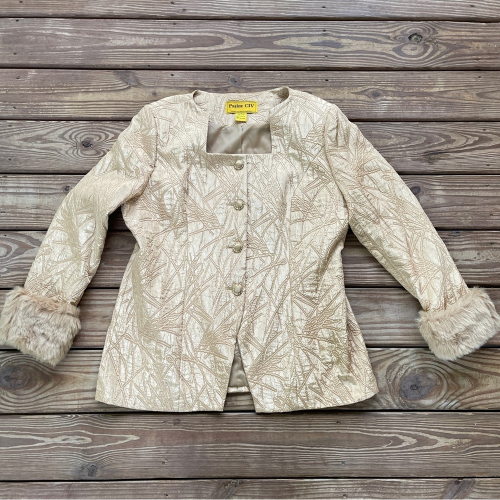Psalm CIV Gold Textured Jacket Faux Fur Cuffs Vintage Evening Blazer Size 20